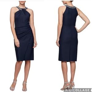 Alex Evenings Navy Midi Dress with Beaded Neckline